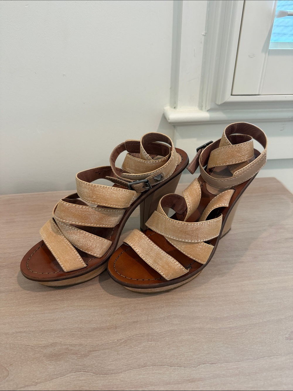7 For All Mankind Beige Strappy Wedge Sandals